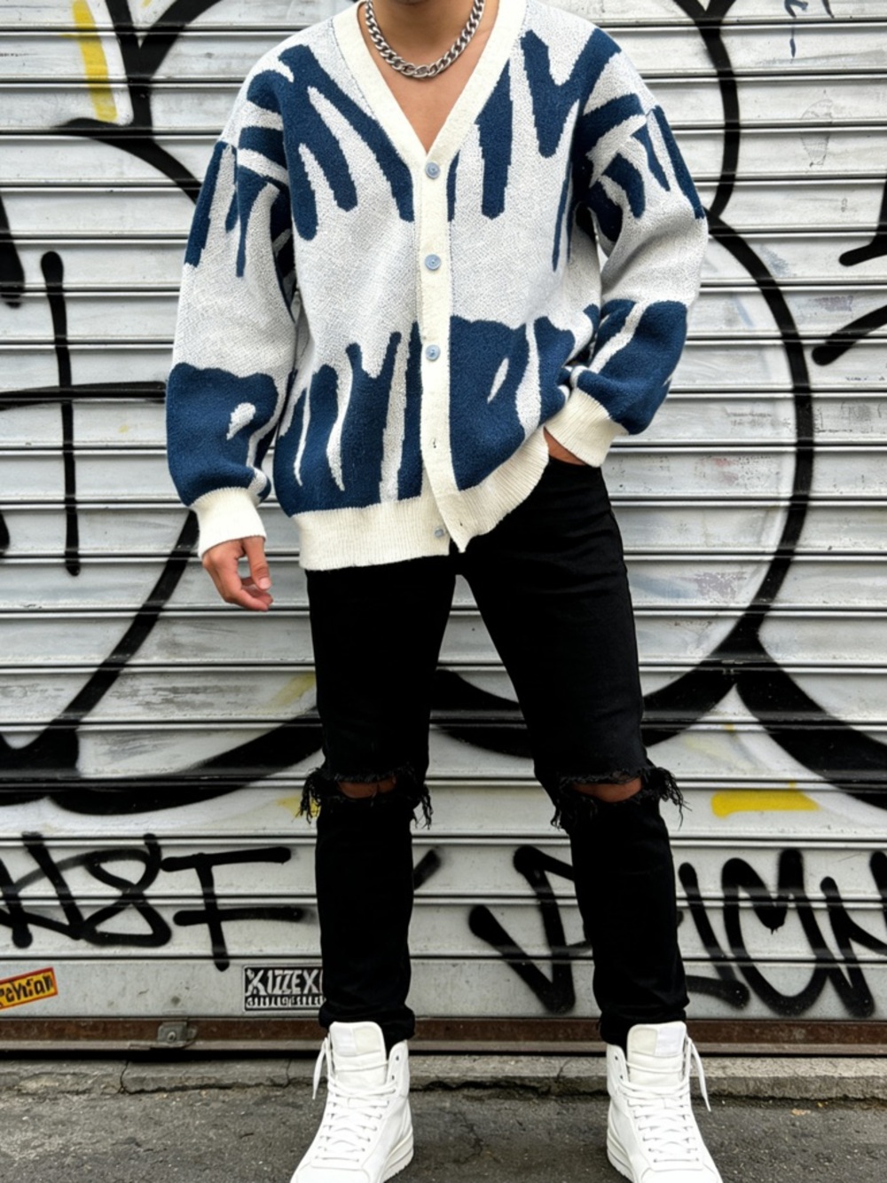 Men's Blue and White Patterned Button-Front Sweater Cardigan - Picture 2 of 4